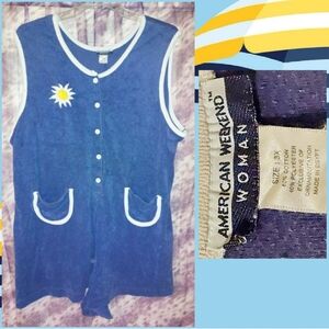 American Weekend Woman Navy Blue w/Wht Trim Knit Terry Cloth Tank Romper Jrs 3X